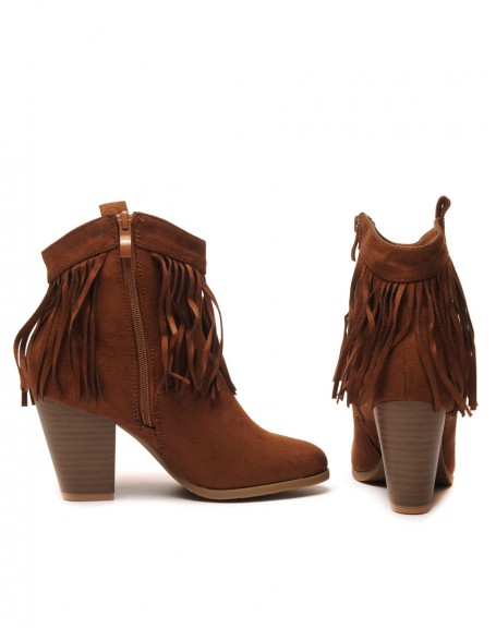 Camel ethnic ankle boots with fringes