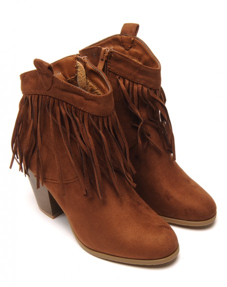 Camel ethnic ankle boots with fringes