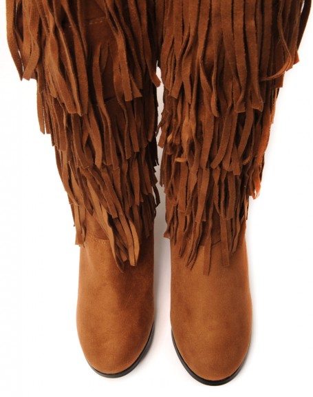 Camel ethnic wedge boots with fringes