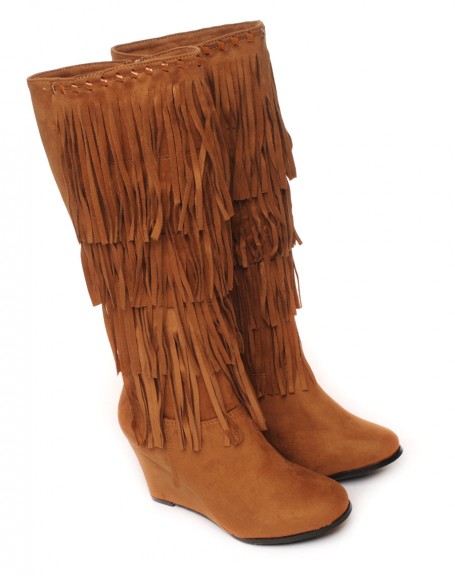 Camel ethnic wedge boots with fringes