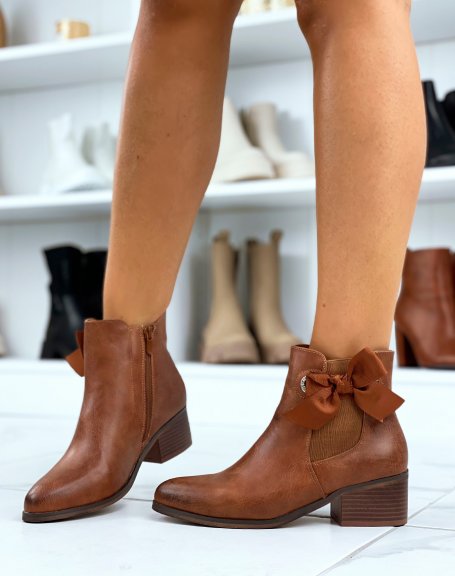 Camel faux leather ankle boots with integrated bow