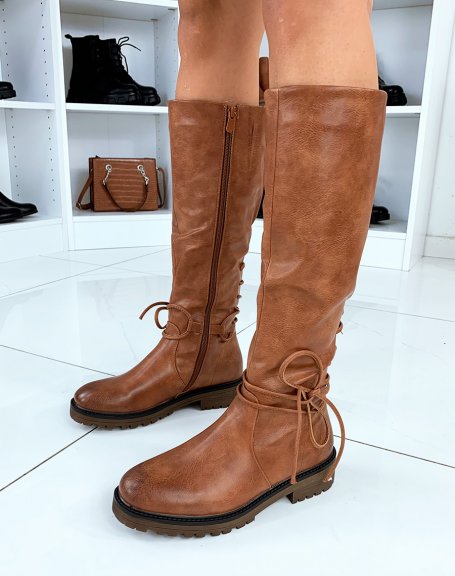 Camel faux leather boots with integrated laces