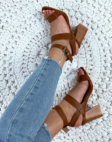 Camel faux leather sandals with square heels and multiple straps