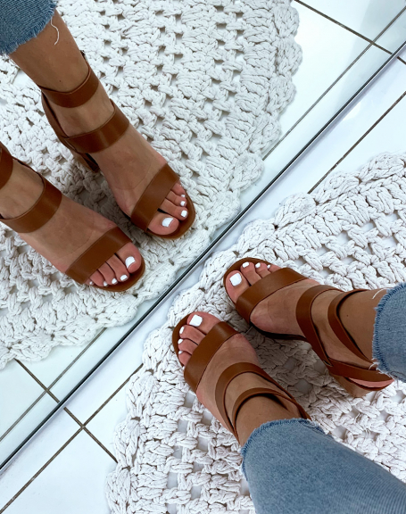 Camel faux leather sandals with square heels and multiple straps