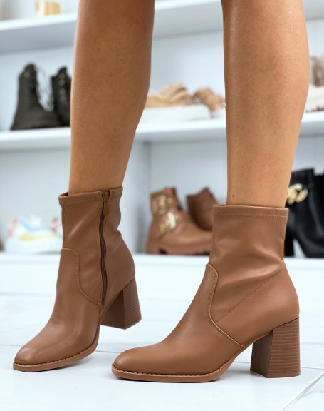 Camel faux leather sock-heel ankle boots