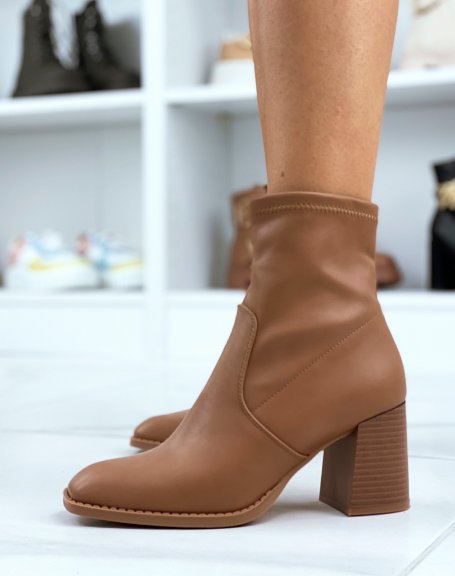 Camel faux leather sock-heel ankle boots