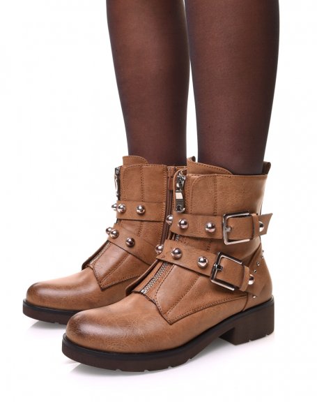 Camel flat ankle boots with beaded straps
