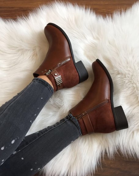Camel flat ankle boots with decorative zipper