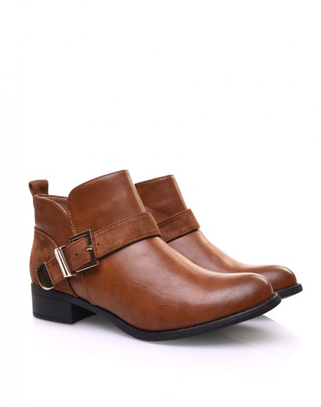 Camel flat ankle boots with suede inserts