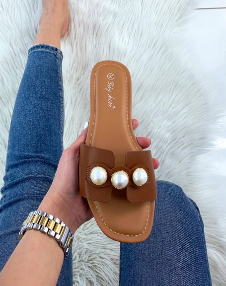 Camel flat mules adorned with large pearls