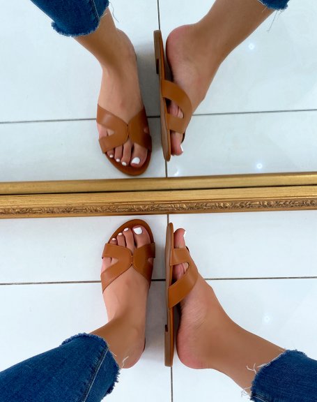 Camel flat mules with crossed straps