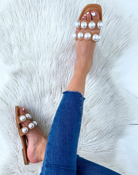 Camel flat mules with double straps and white pearls