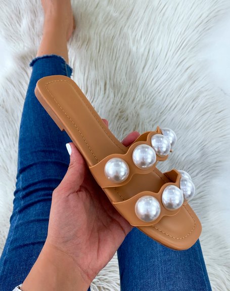 Camel flat mules with double straps and white pearls