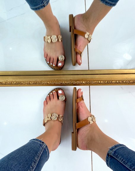 Camel flat sandals with double straps and golden jewels