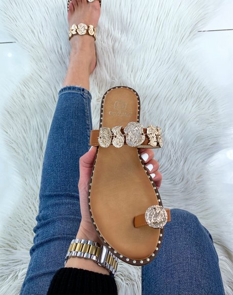 Camel flat sandals with double straps and golden jewels