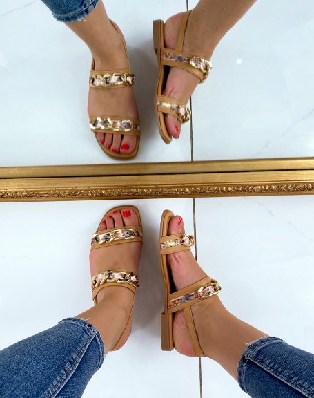 Camel flat sandals with golden and floral details
