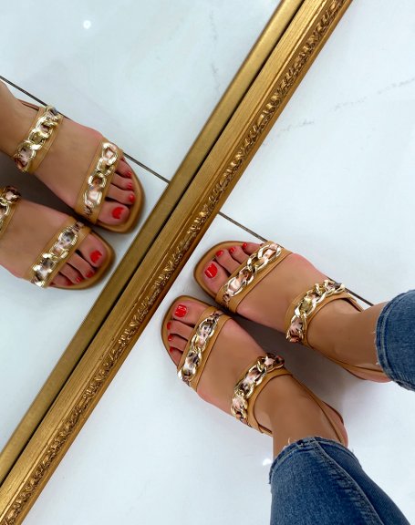 Camel flat sandals with golden and floral details