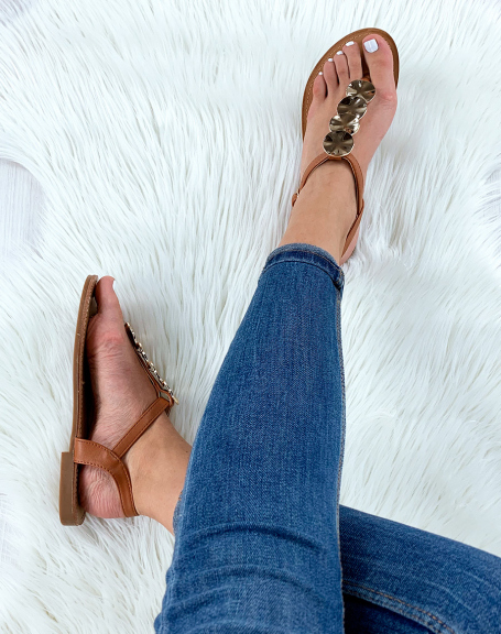 Camel flat sandals with golden round jewels
