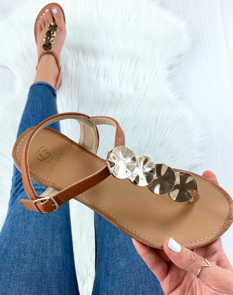 Camel flat sandals with golden round jewels