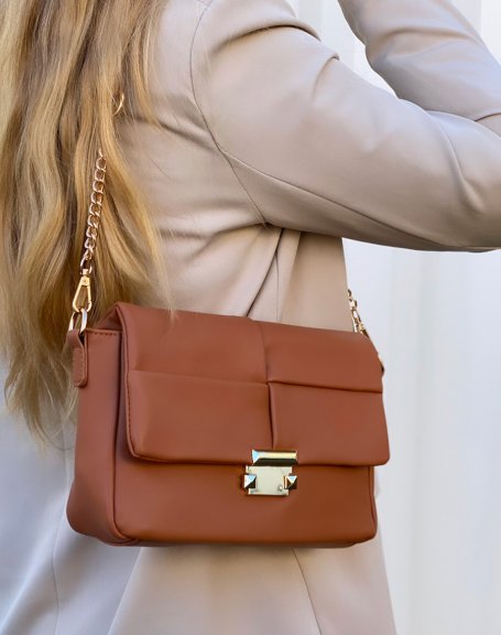 Camel grid handbag with gold detail