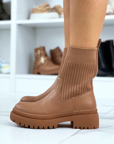 Camel half-faux leather half-sock ankle boots