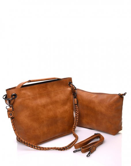 Camel handbag in faux leather effect with multiple handles