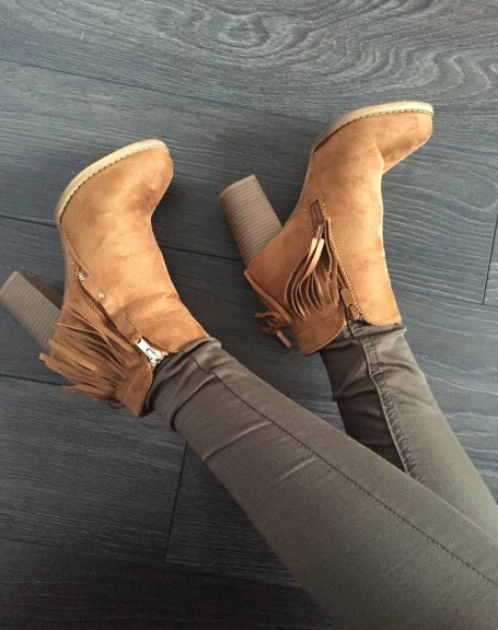 Camel heeled ankle boot with fringe