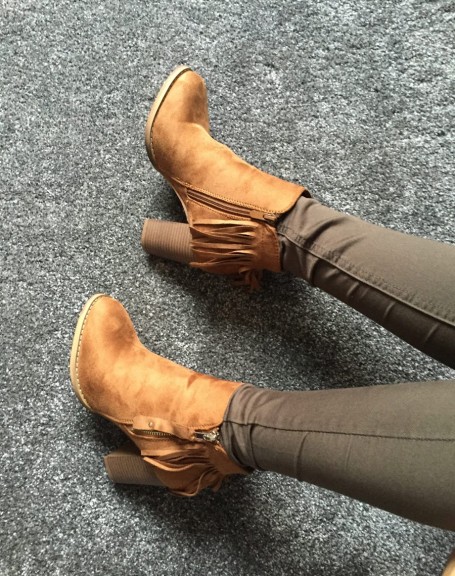Camel heeled ankle boot with fringe