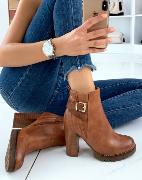 Camel heeled ankle boots with strap