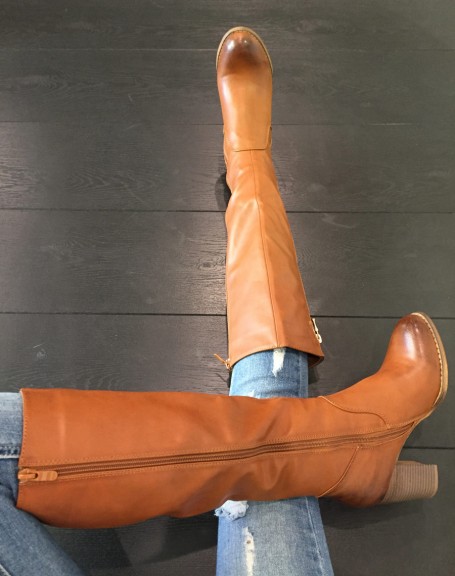 Camel heeled boots with decorative zipper