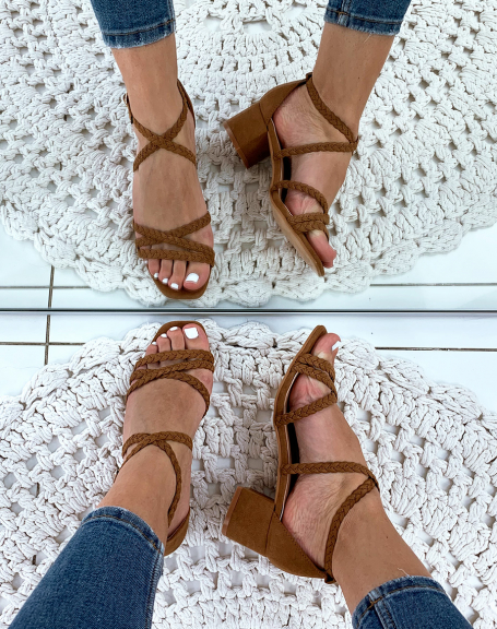 Camel heeled sandals with braided straps