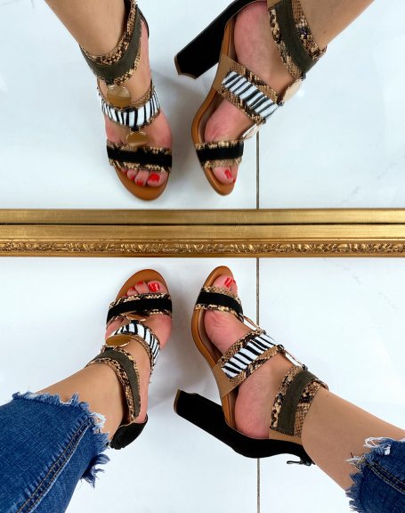 Camel heeled sandals with multiple animal patterns