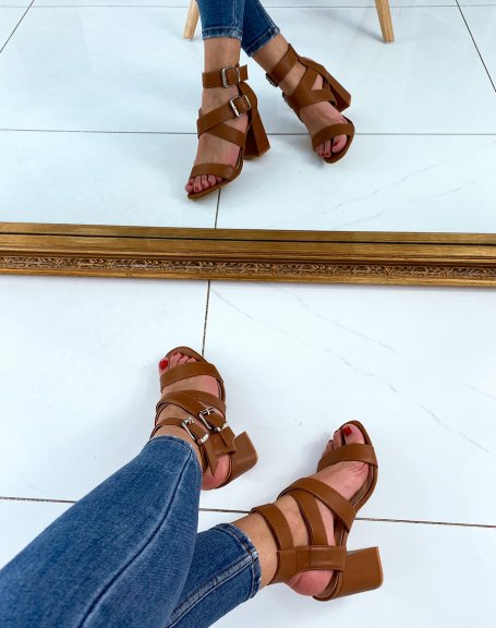 Camel heeled sandals with multiple straps