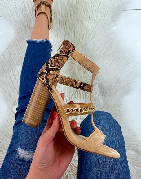 Camel heeled sandals with multiple straps with gold and animal details