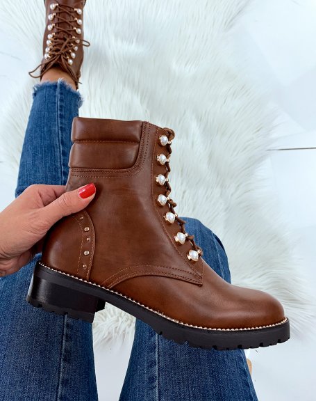 Camel high ankle boots with pearls