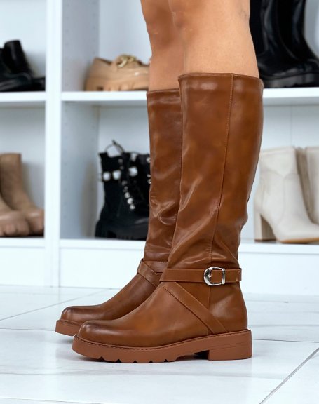 Camel high boots with crossed straps