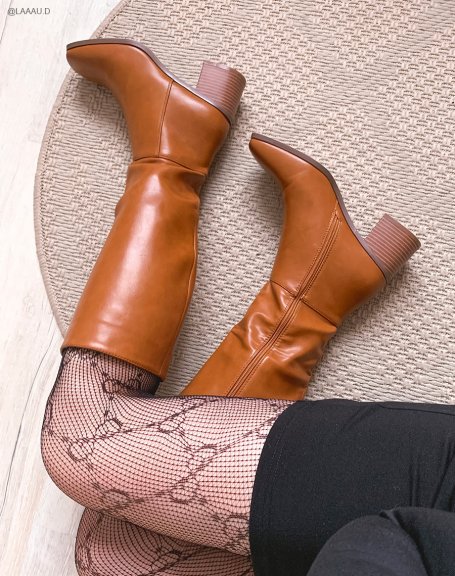 Camel high heel boots with square toe