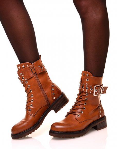 Camel high-top ankle boots with straps and studded details