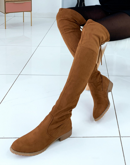 Camel lace-up flat thigh-high boots