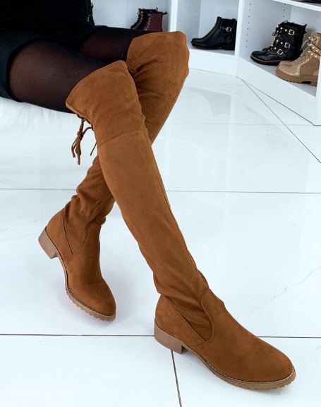 Camel lace-up flat thigh-high boots
