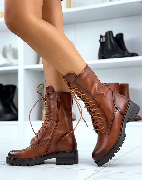 Camel lace-up heeled ankle boots