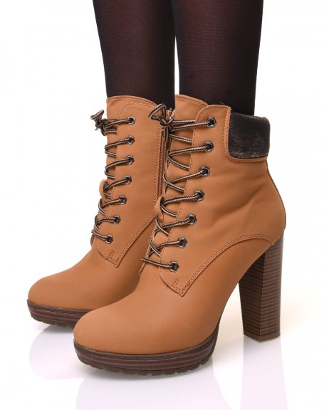 Camel lace-up high heel ankle boots