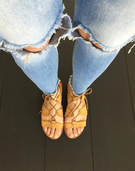 Camel lace-up slippers