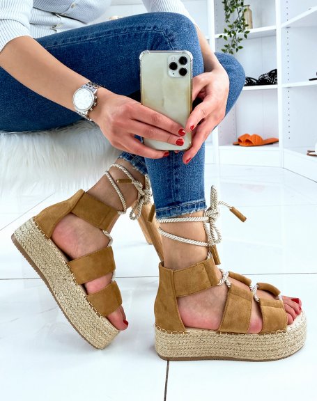 Camel lace-up wedges and hessian sole