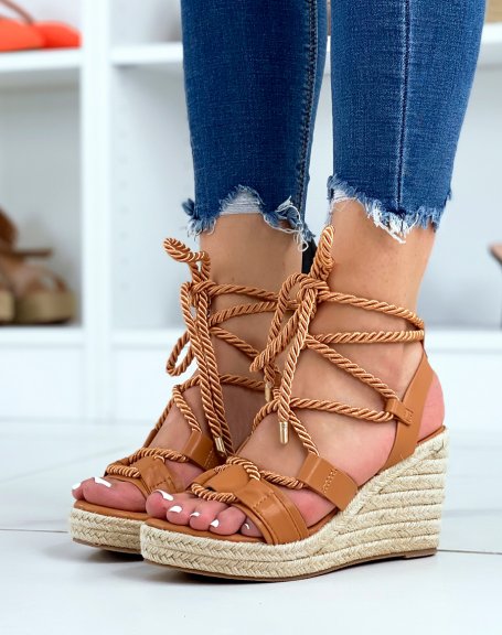 Camel laced wedges with jute sole