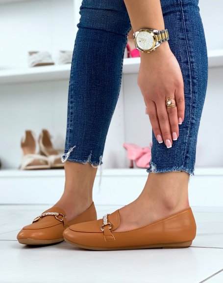 Camel loafers with golden buckles and rhinestones