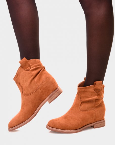 Camel low ankle boots in pleated suede