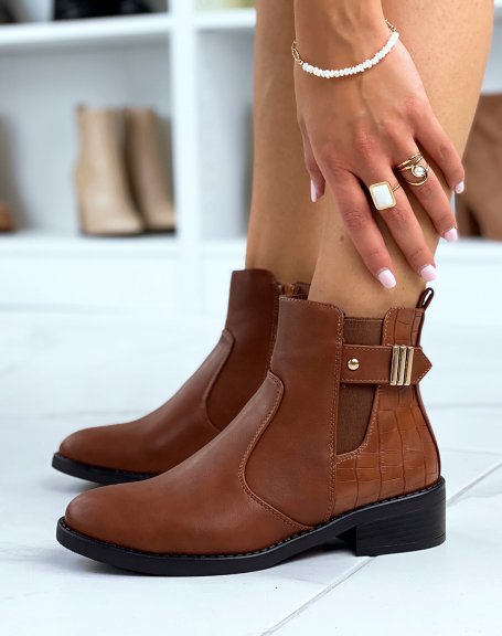 Camel low ankle boots with crocodile effect