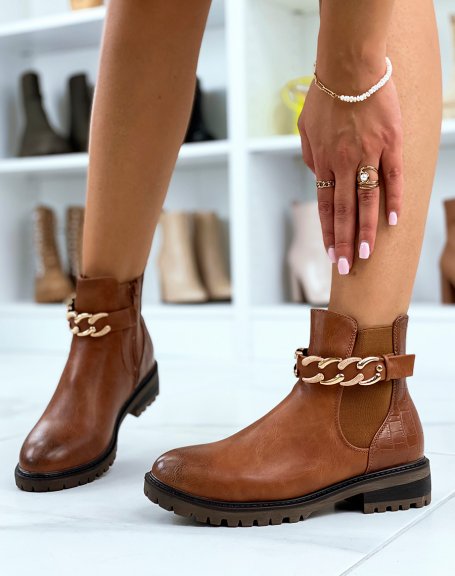 Camel low ankle boots with gold detail and crocodile effect