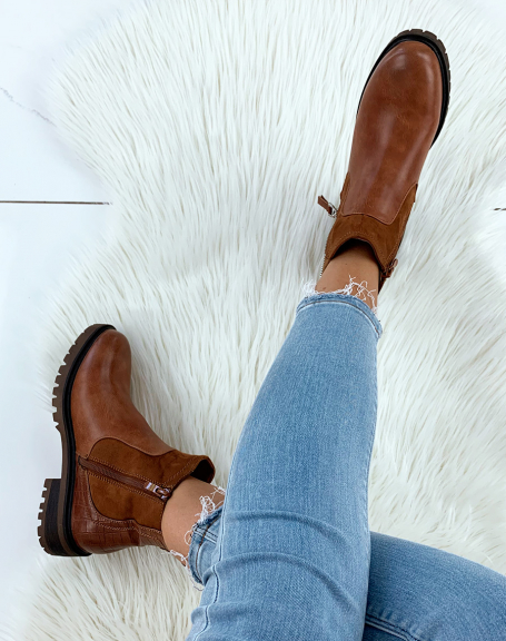 Camel low boots in bi-material with silver closure details